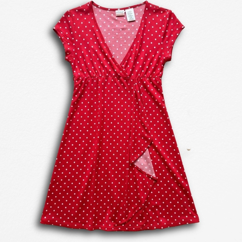 No Boundaries Red Polka Dot Faux Wrap Dress Cherry Tomato Stretch Large 11/13
